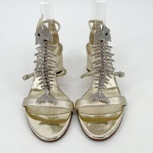 Giuseppe Zanotti Slim 50 Gold Metallic Crystal Fishbone Block Heel Sandals IT 37